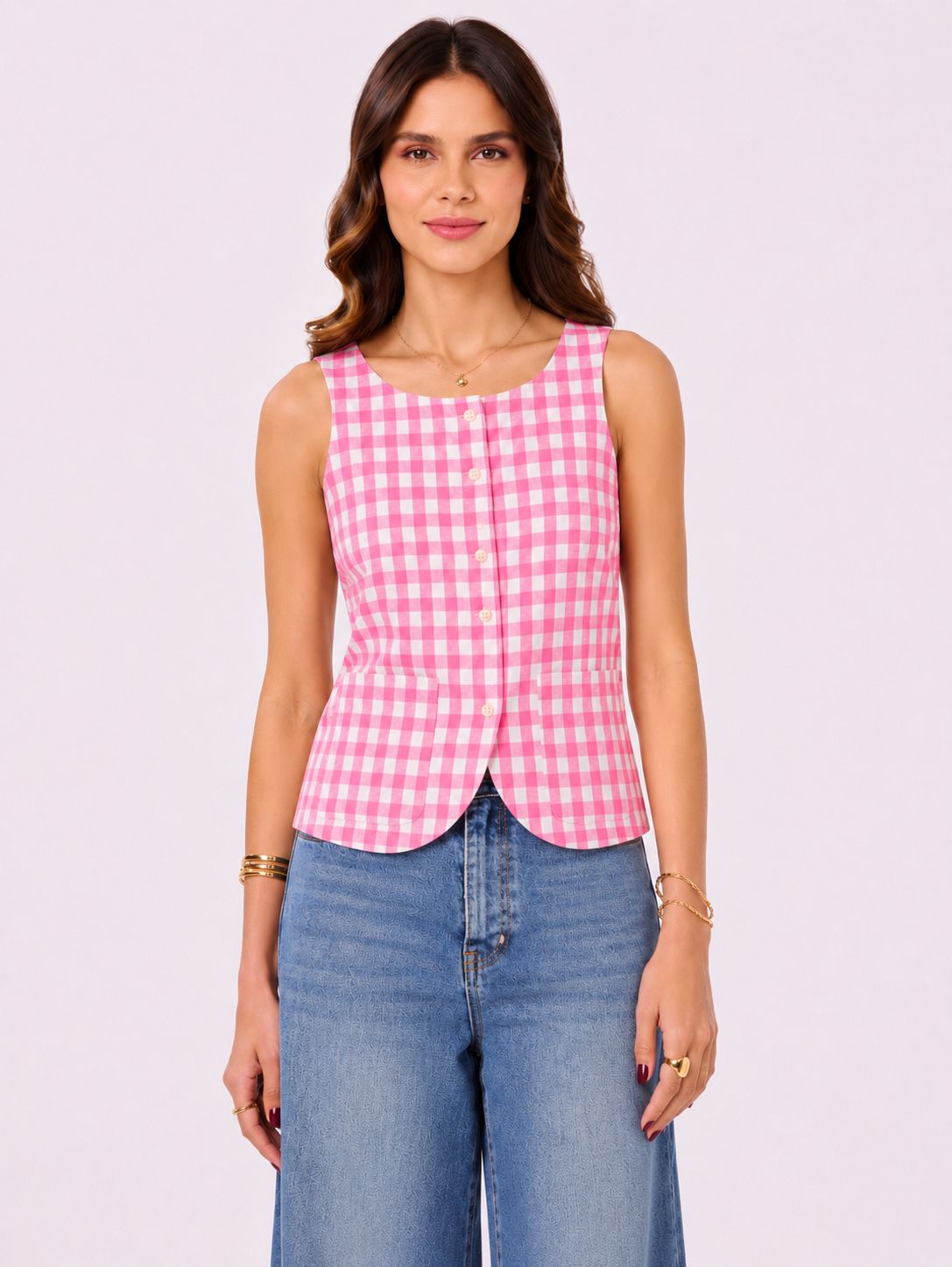 Bright Pink & White Checks Cotton Vest with Patch Pockets