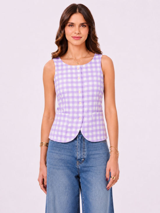 Purple & White Checks Cotton Vest with Patch Pockets