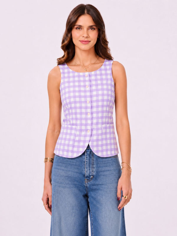 Purple & White Checks Cotton Vest with Patch Pockets