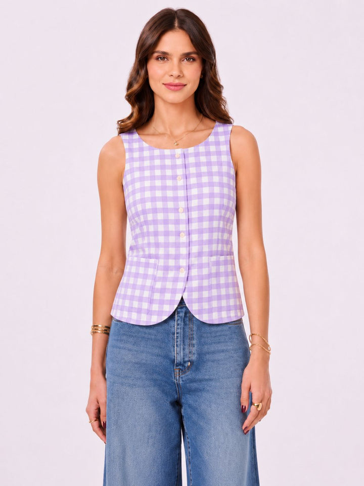Purple & White Checks Cotton Vest with Patch Pockets