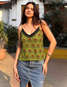 Black & Green Ajrak Print Spaghetti Top with Coin Lace