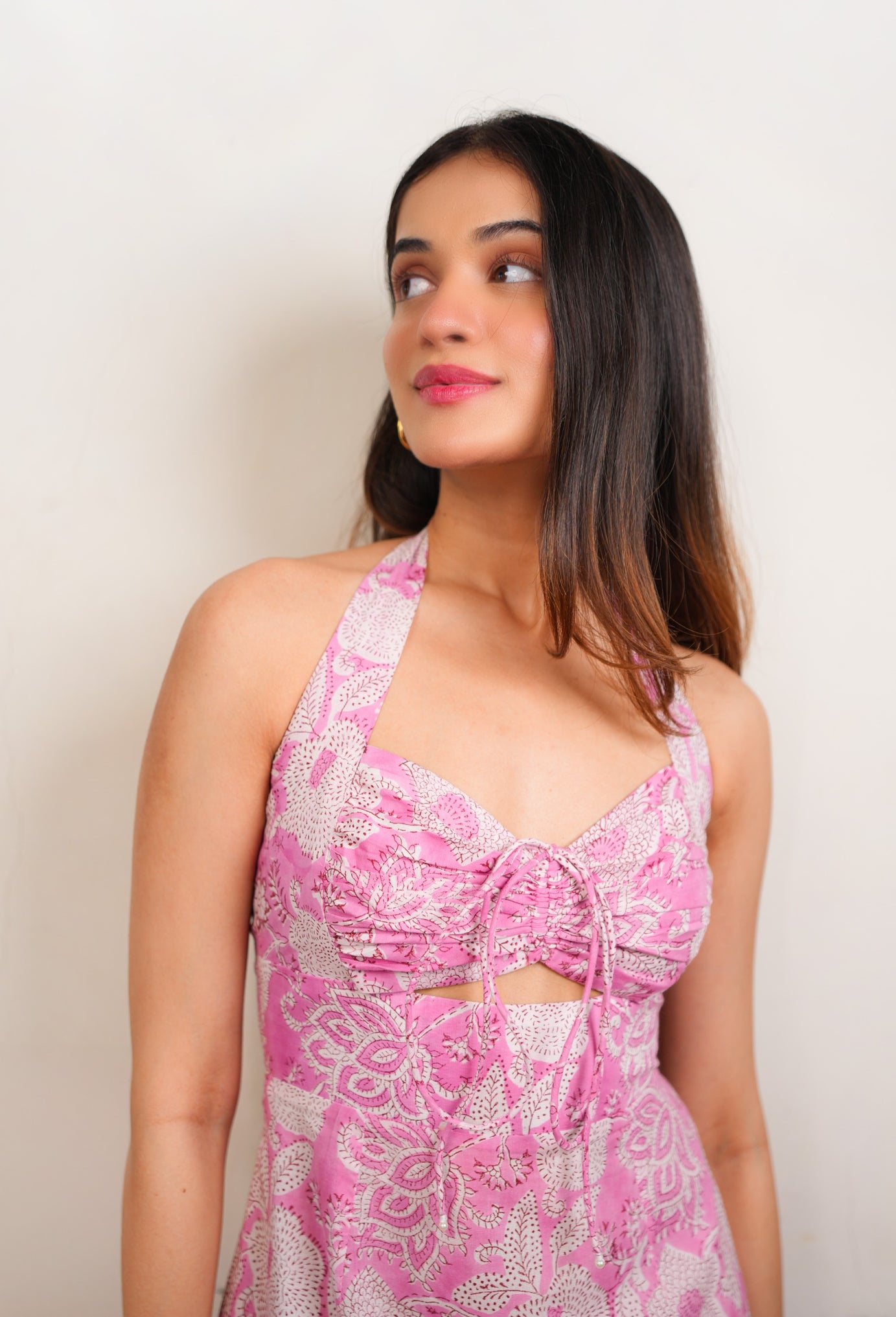 Pink & White Floral Printed Sweetheart Neckline Short Dress