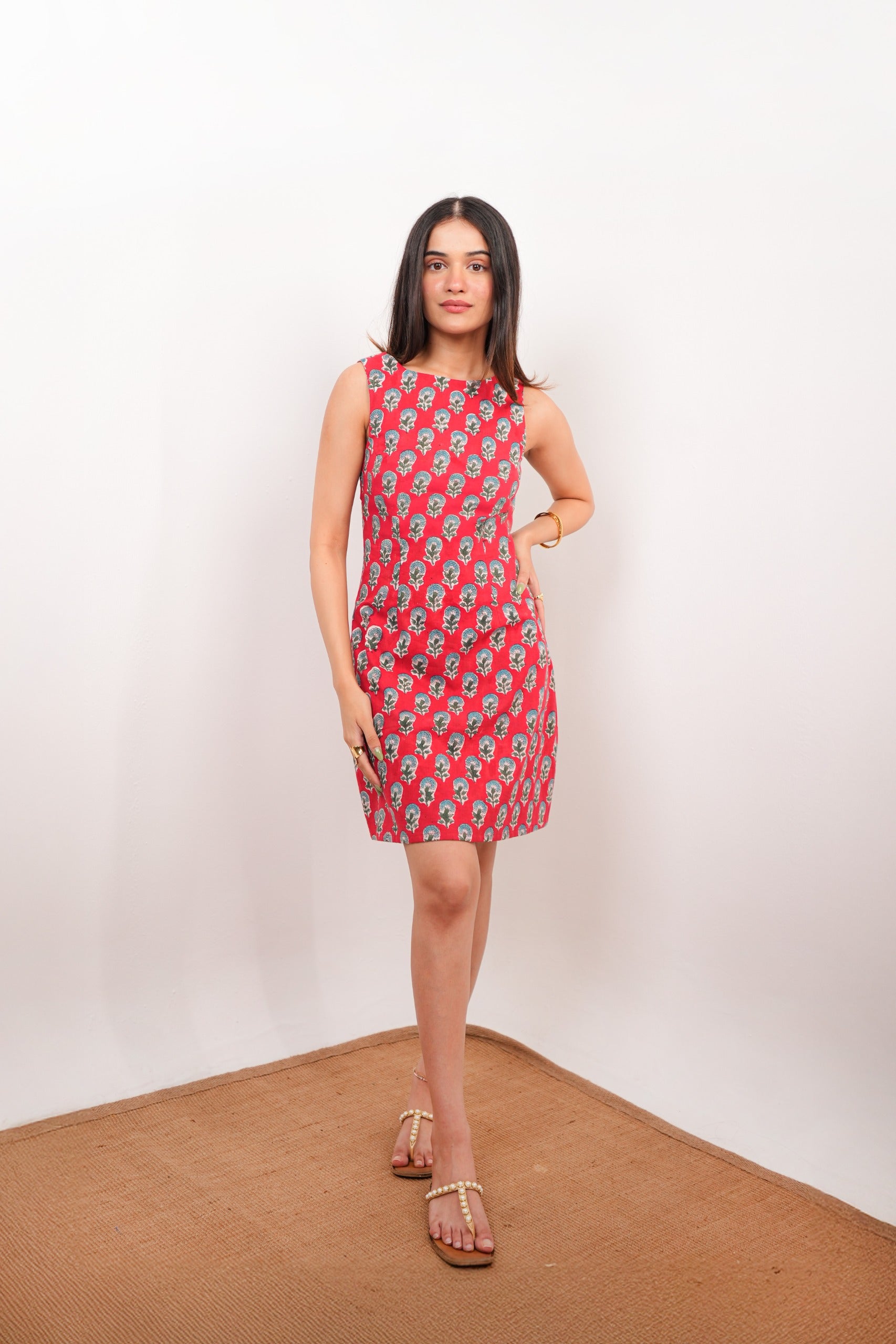 Red Floral Hand Block Printed Sleeveless Dress with Open Back