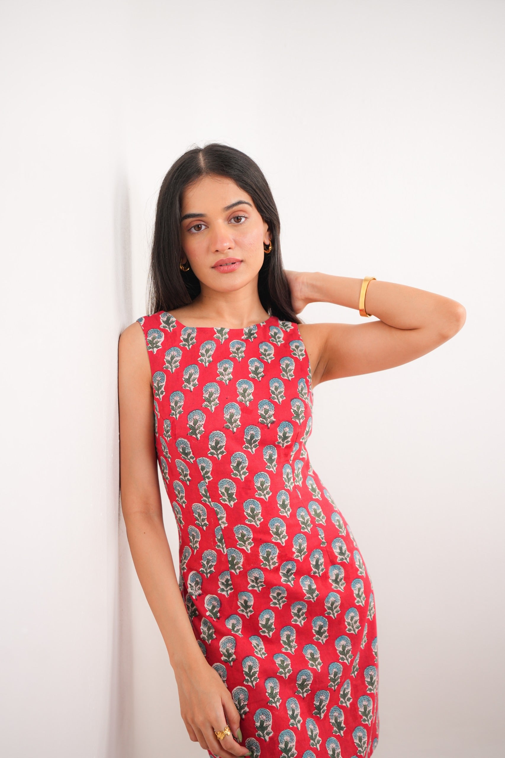 Red Floral Hand Block Printed Sleeveless Dress with Open Back Spring Summer - 25