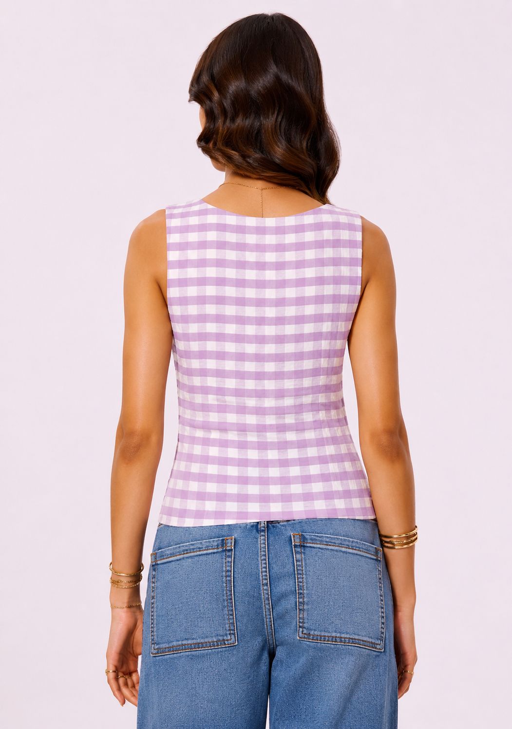 Purple & White Checks Cotton Vest with Patch Pockets