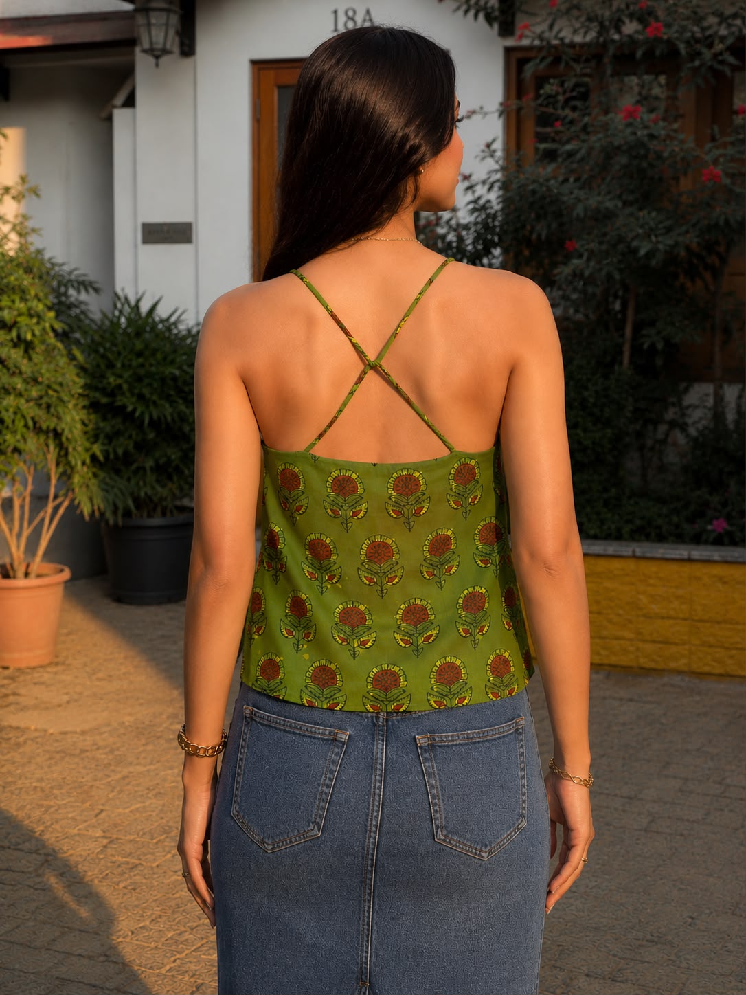 Black & Green Ajrak Print Spaghetti Top with Coin Lace