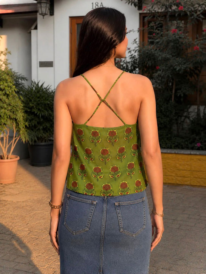 Black & Green Ajrak Print Spaghetti Top with Coin Lace