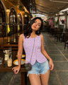 Purple & White Checks Cotton Vest with Patch Pockets