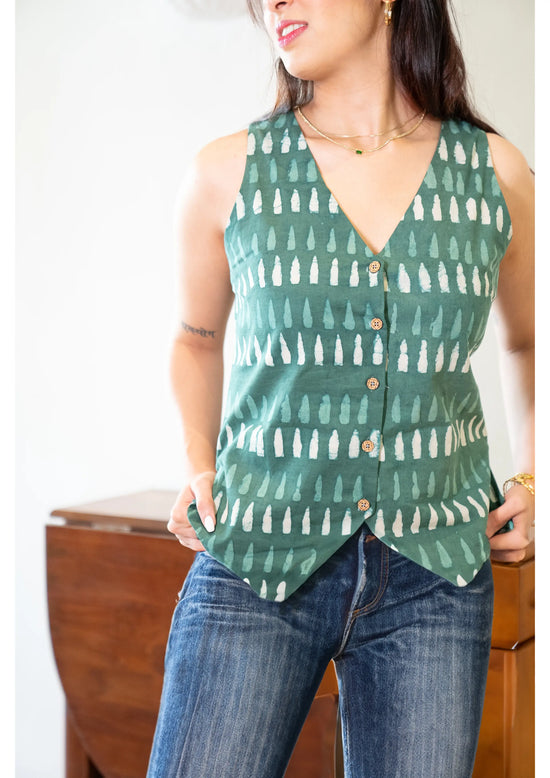 V-Neck Green Hand Block Printed Sleeveless Vest AMARAA