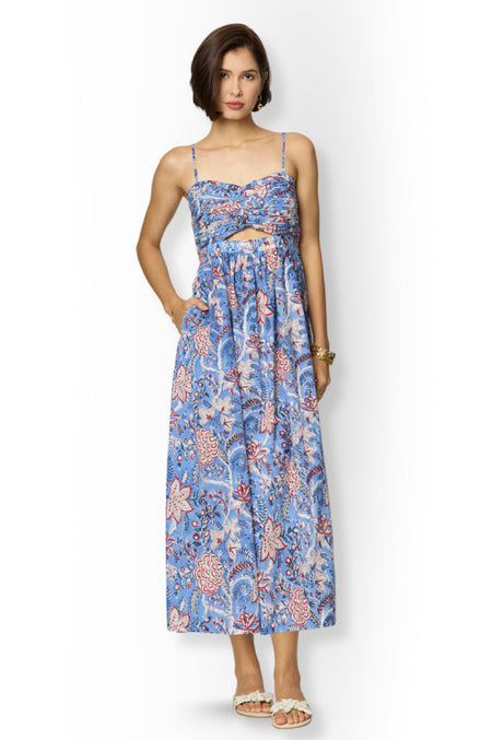 Blue and Red Floral Printed Maxi  Cotton Tube Dress with Pocket Beat the October Heat
