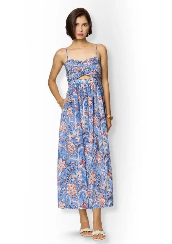 Blue and Red Floral Printed Maxi Cotton Tube Dress with Pockets and Sweetheart Neckline Beat the October Heat