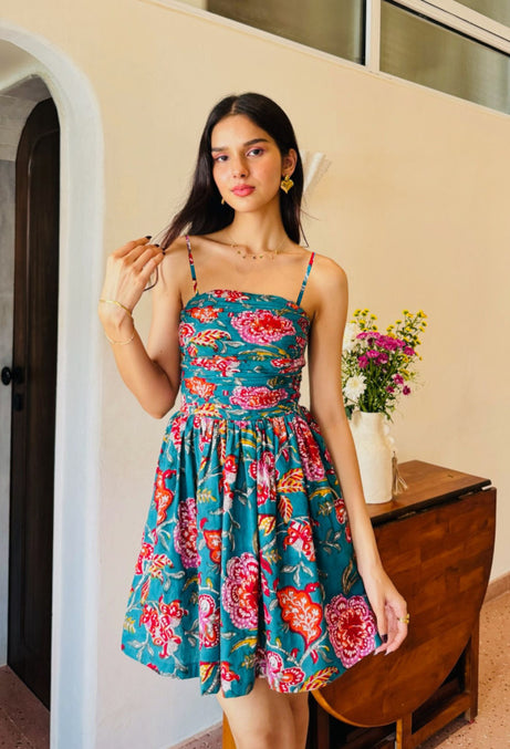 Dark Green Floral Print Tube Dress with One Side Pocket LF-Collection