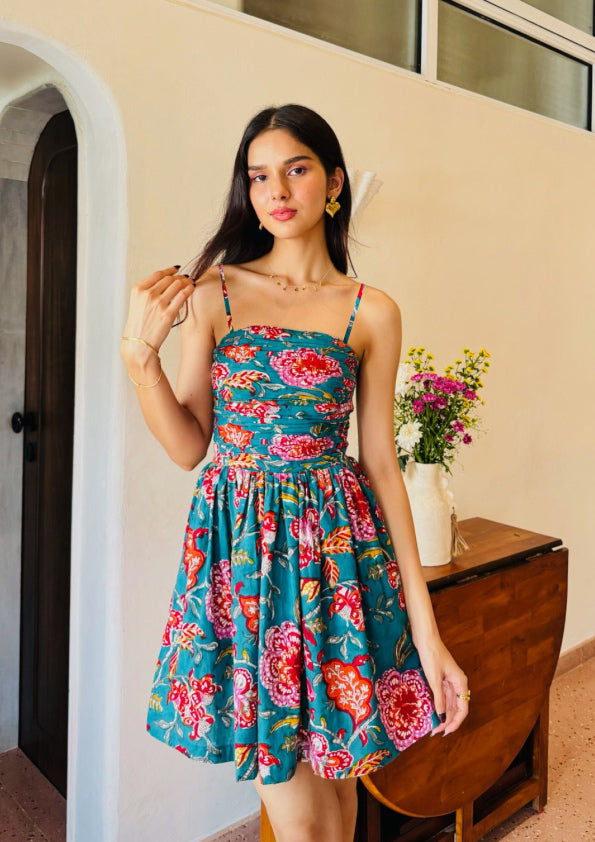 Dark Green Floral Print Tube Dress with One Side Pocket LF-Collection