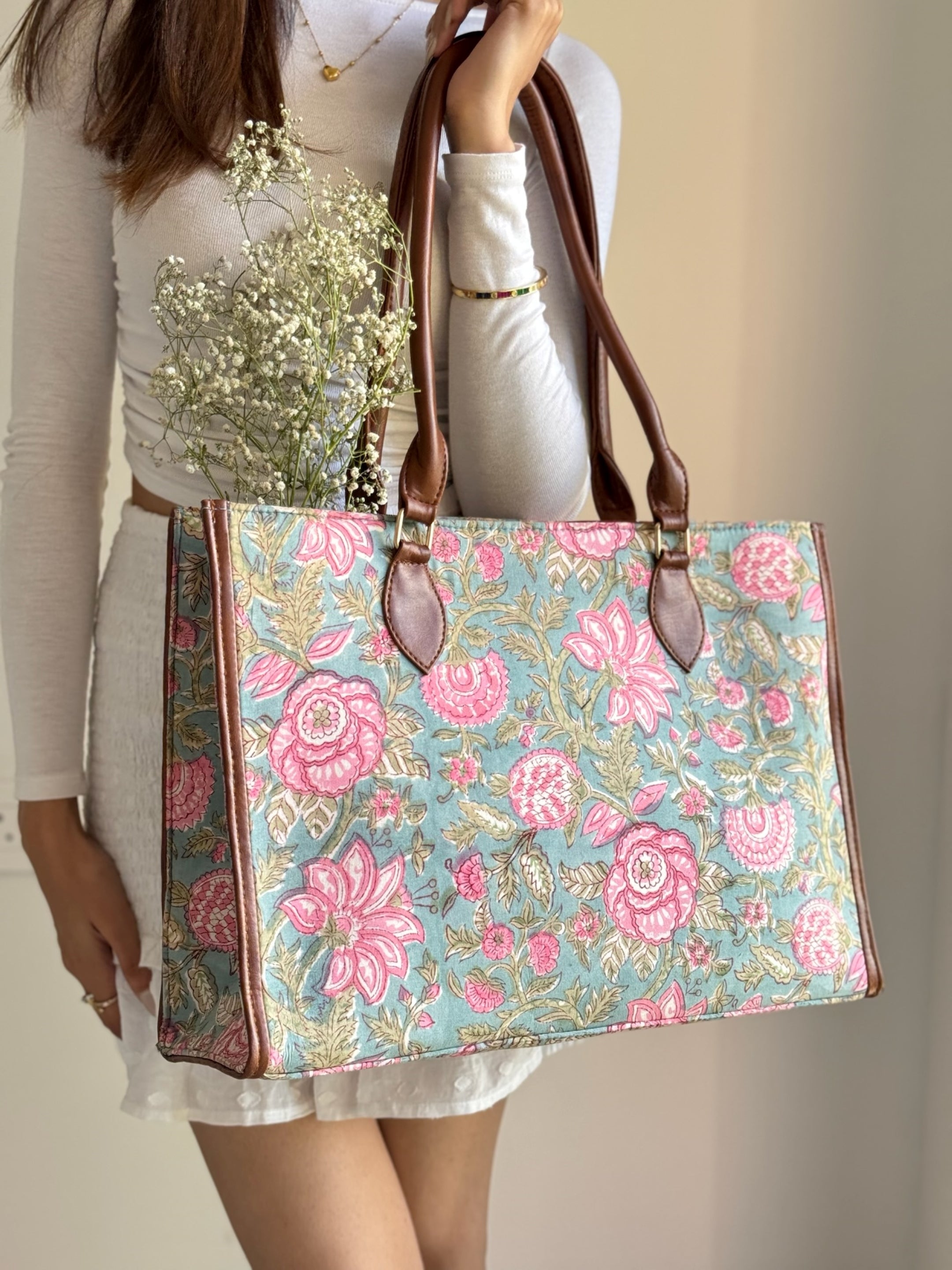 Green and Pink Lea Tote Bag with Additional Bag Strap