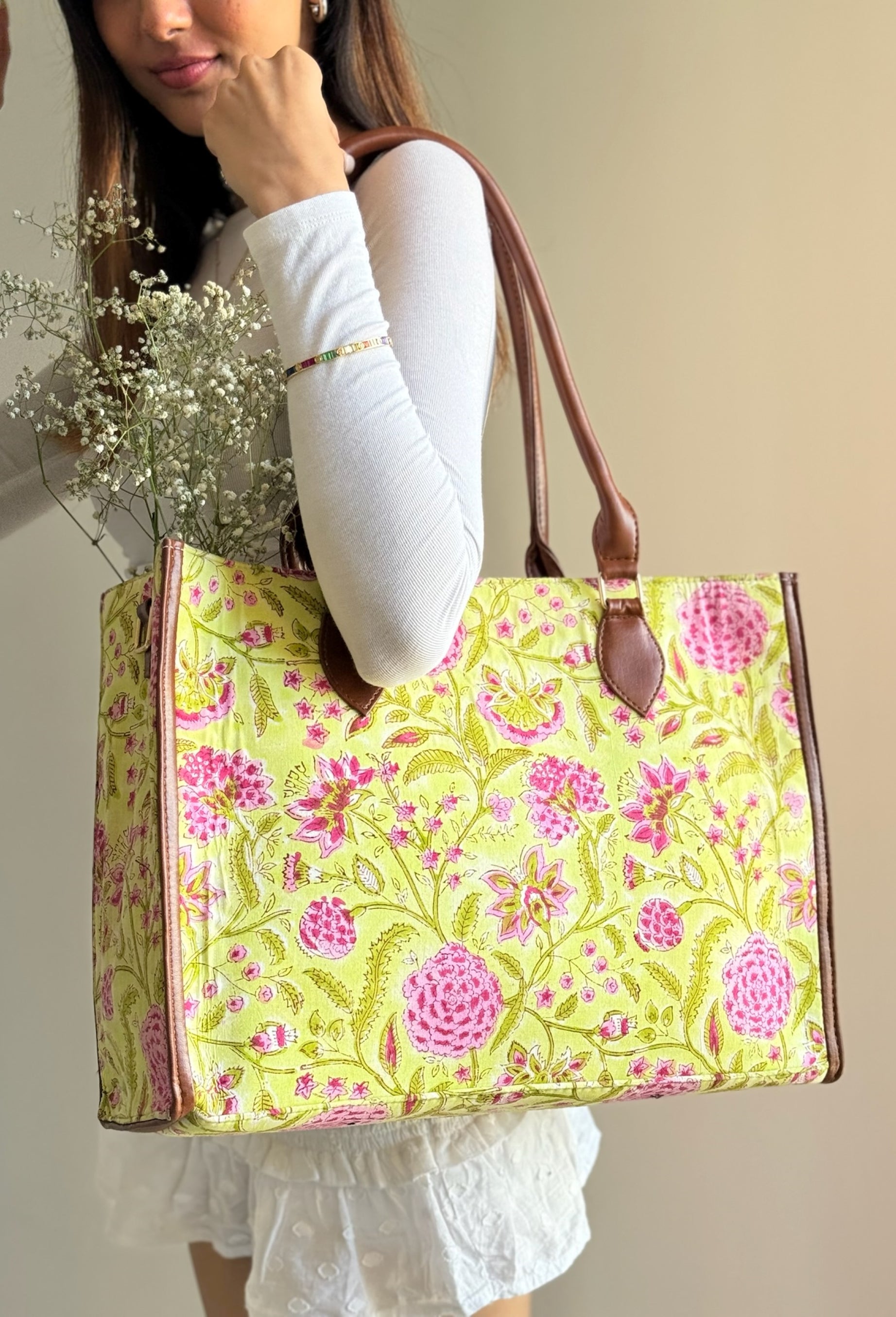 Lime Green and Pink Willow Tote Bag with Additional Sling Strap