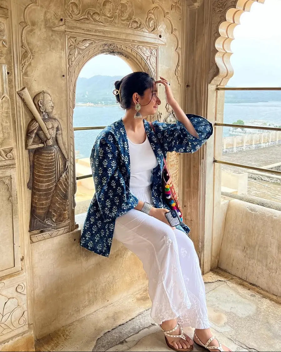 Indigo Blue Hand-Printed Geometric Cotton Freesize Unisex Shrug AMARAA