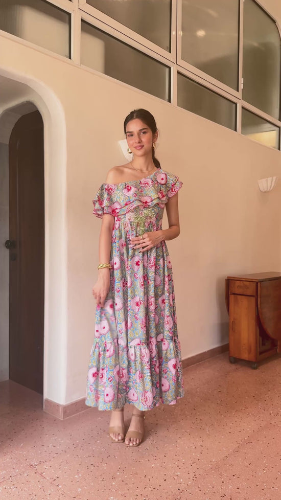 Blue & Red Floral One-Shoulder Frill Cotton Maxi Dress