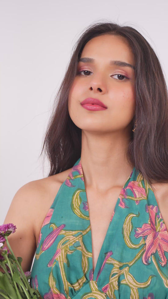 Green Halter Neck Tie-Up A-Line Maxi Dress with Back Slit