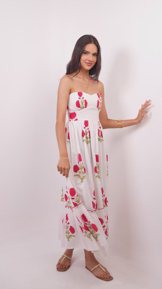 White & Red Floral Hand Block Printed Tube Maxi Dress