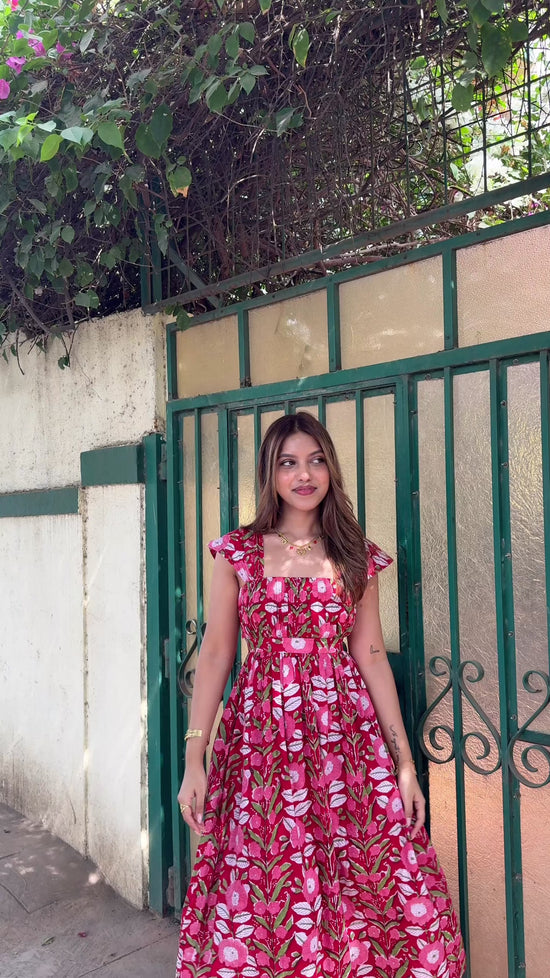 Red Floral Block Printed Cotton Fit & Flare Maxi Dress with  Back Tie-Up
