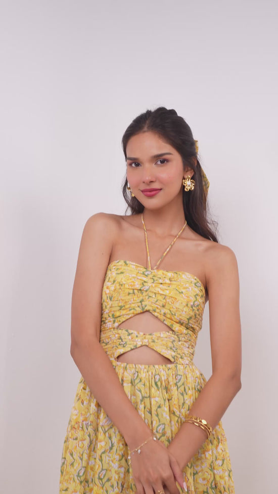 Bright Yellow Floral Print Maxi Dress with Front Cut-Outs