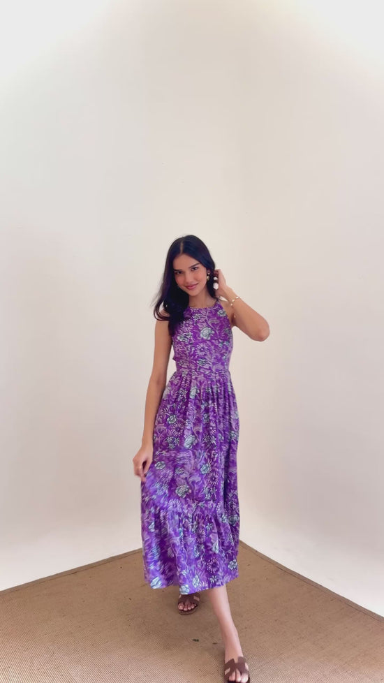 Purple Floral Hand Block Printed Cotton Maxi Dress with One Side Pocket