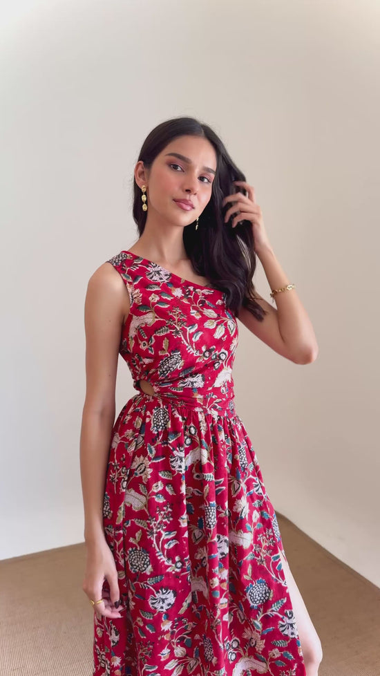 Asymmetrical Red Floral One Shoulder Maxi Dress with Slit