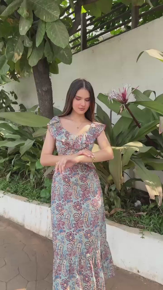 Sky Blue Paisley Cotton Maxi Dress with Waist Cutout & Frill Detailing