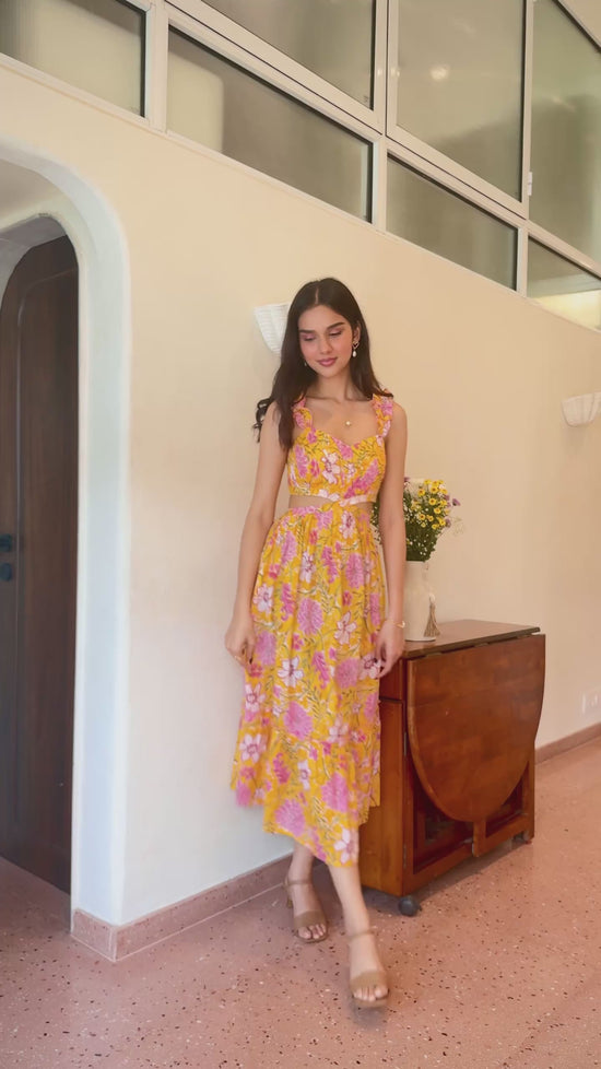 Yellow and Pink Floral Cotton Maxi Dress with Frill Straps with One Side Pocket