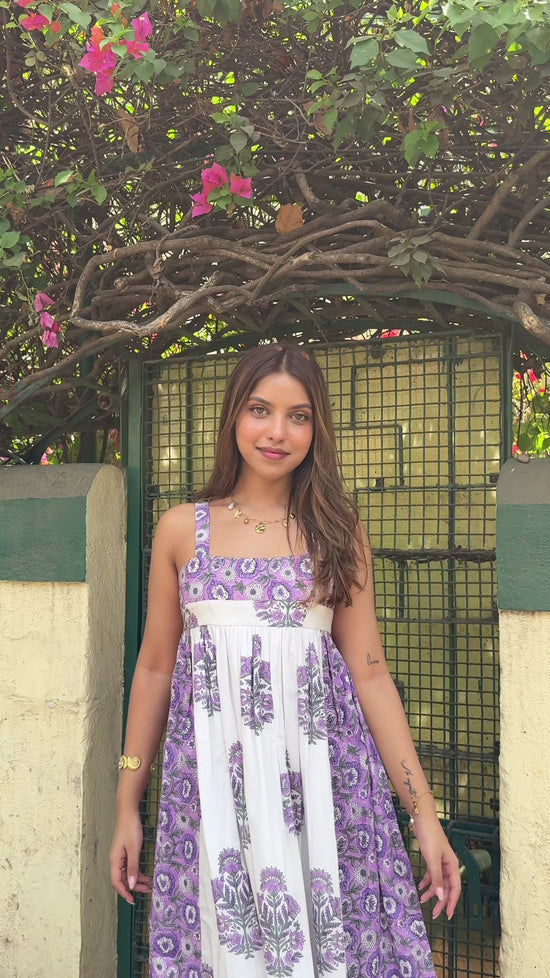 Purple & White Dual Print Block Printed Cotton Maxi Dress with Side Zipper