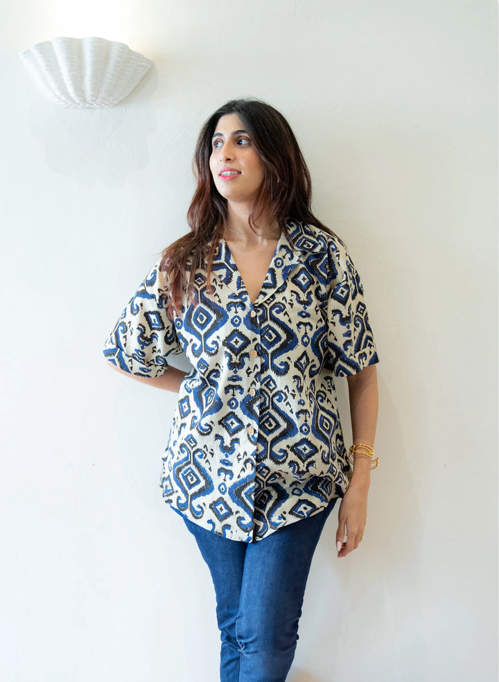Indigo Blue Ikkat Freesize Shirt SpringSummer'24