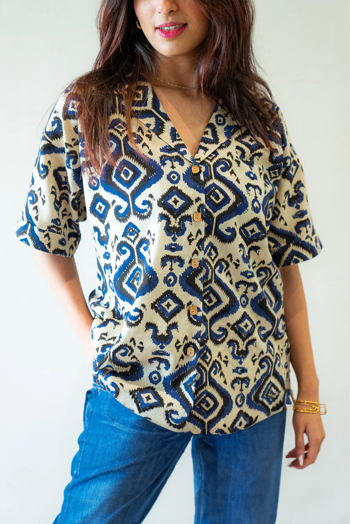 Indigo Blue Ikkat Freesize Shirt SpringSummer'24