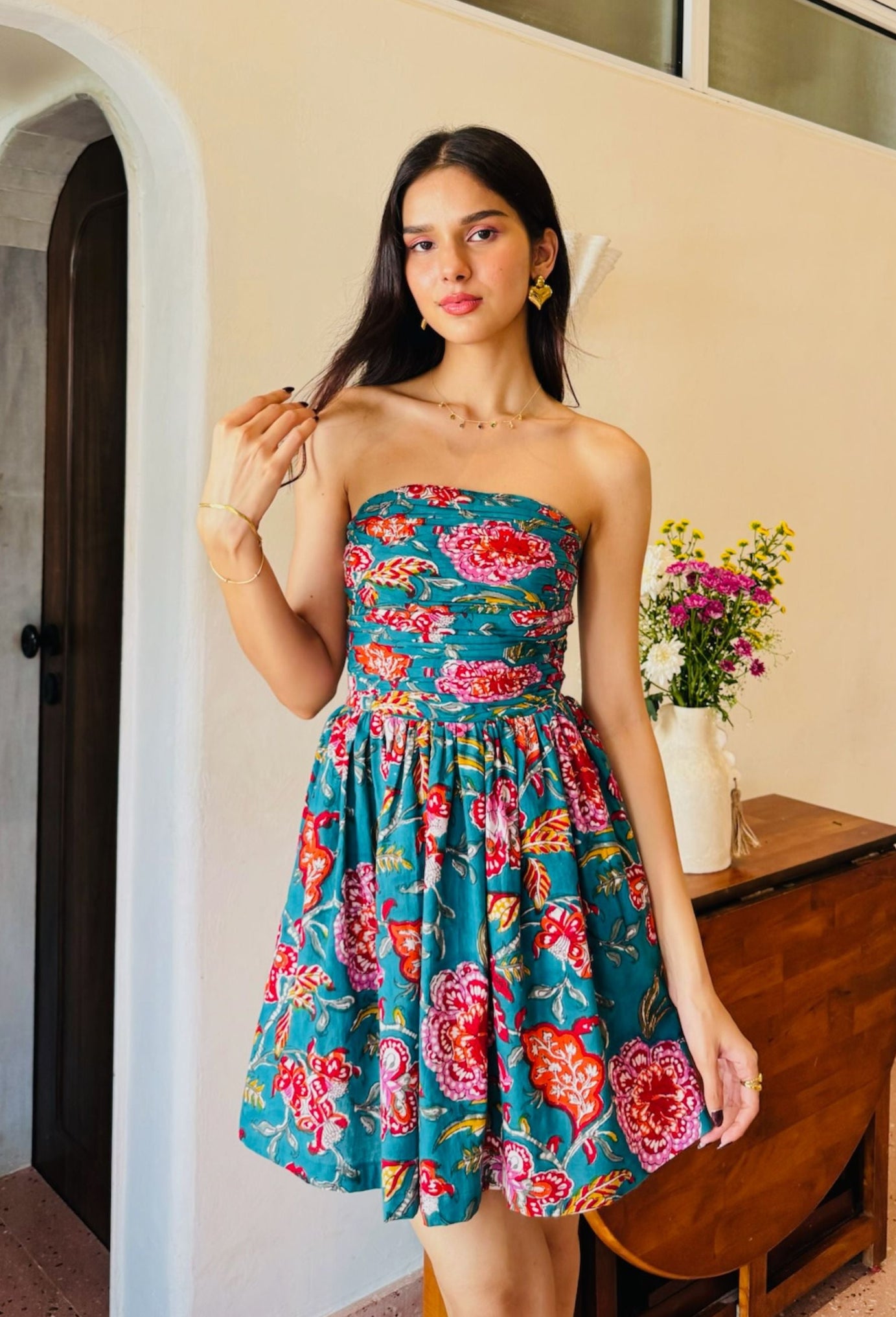 Dark Green Floral Print Tube Dress with One Side Pocket LF-Collection