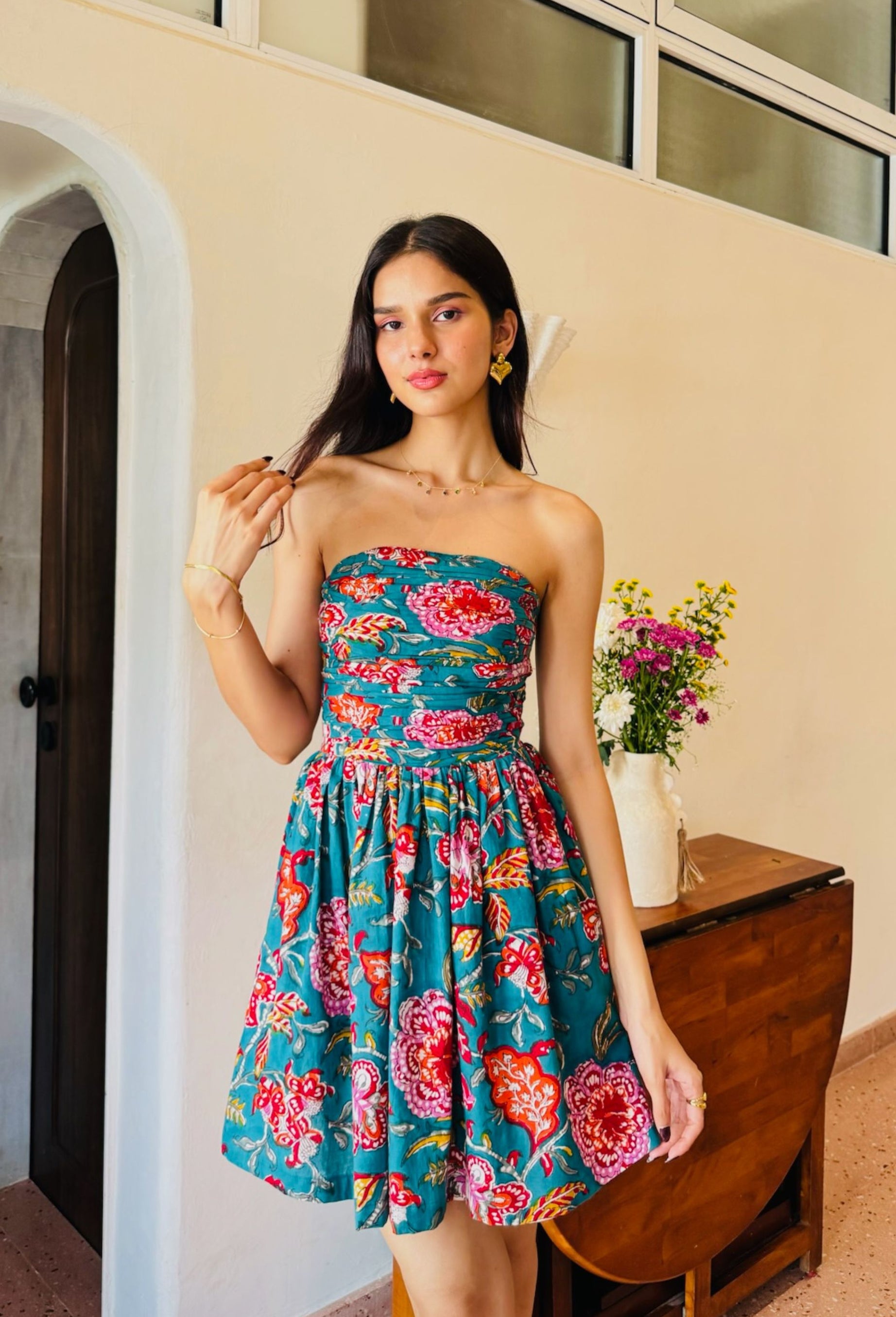 Dark Green Floral Print Tube Dress with One Side Pocket