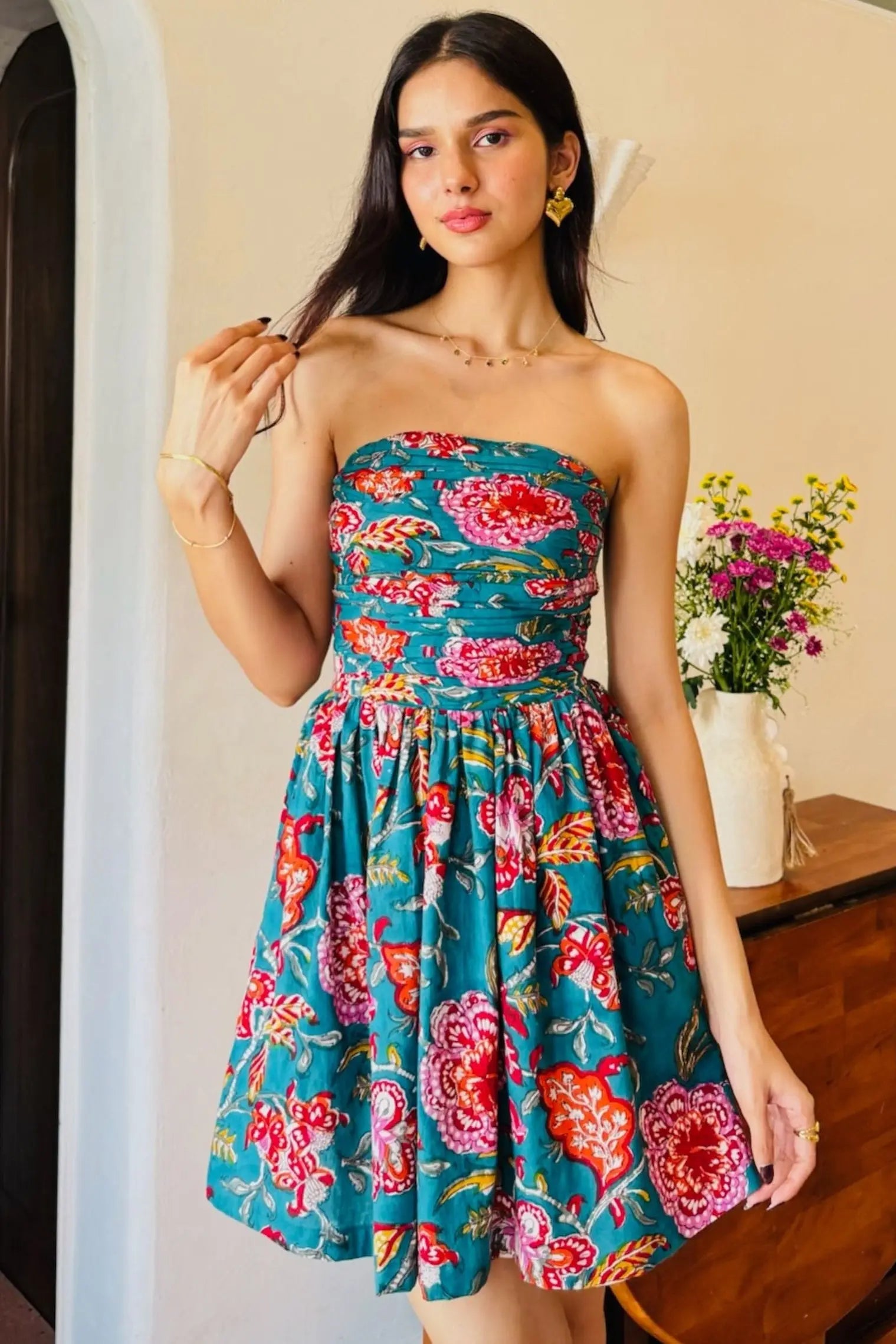 Dark Green Floral Print Tube Dress with One Side Pocket AMARAA Dark Green Floral Print Tube Dress with One Side Pocket AMARAA