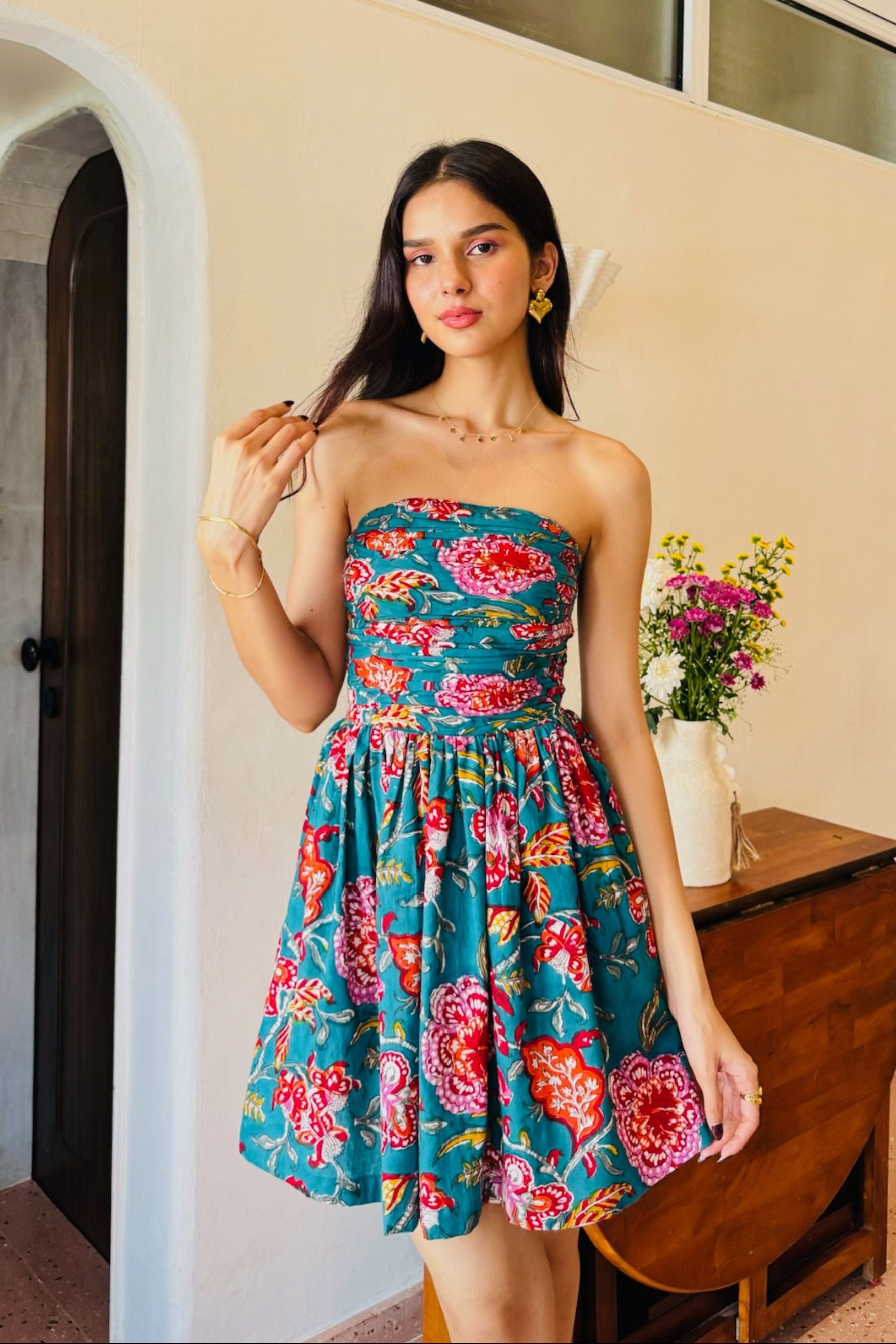 Dark Green Floral Print Tube Dress with One Side Pocket LF-Collection