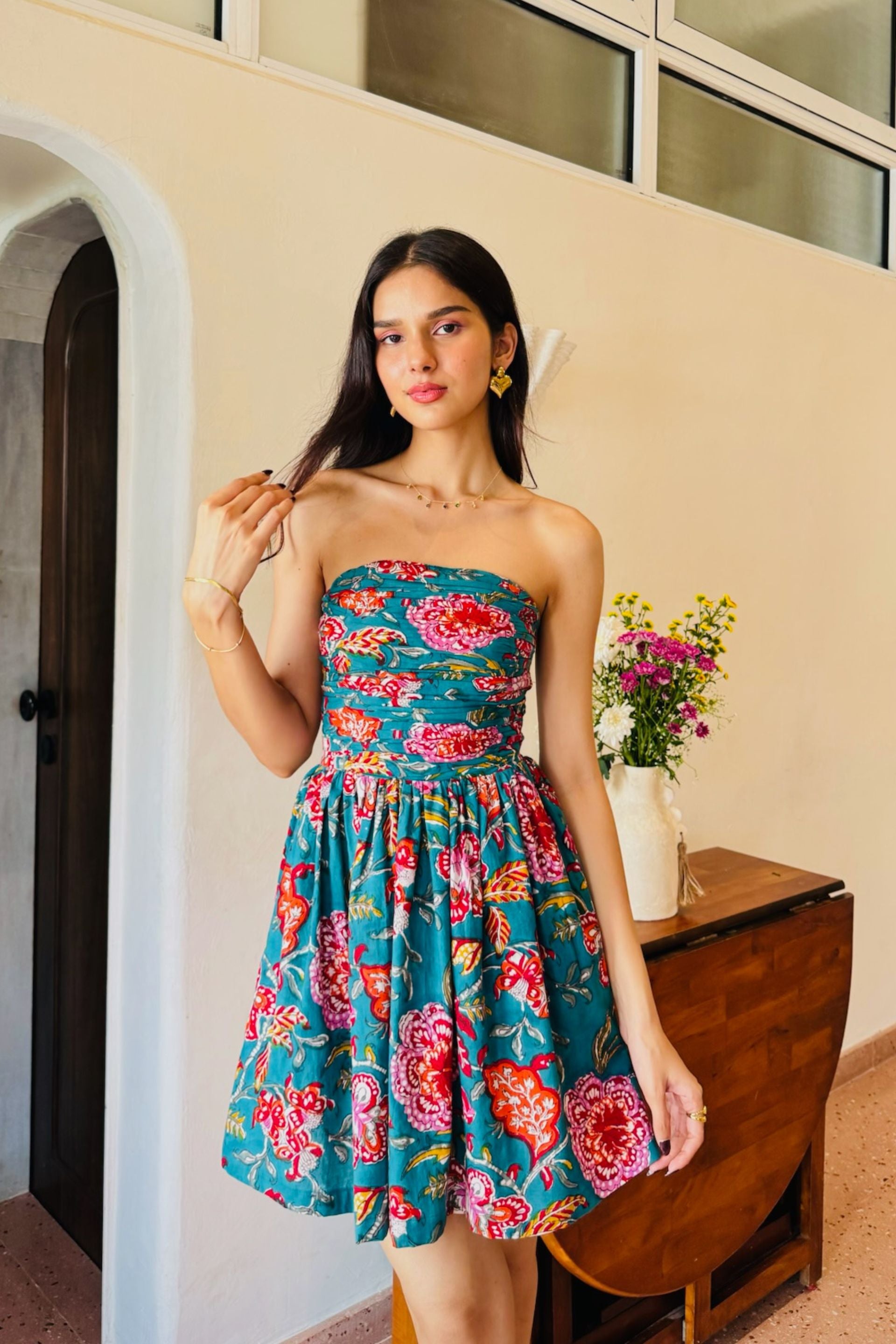 Dark Green Floral Print Tube Dress with One Side Pocket