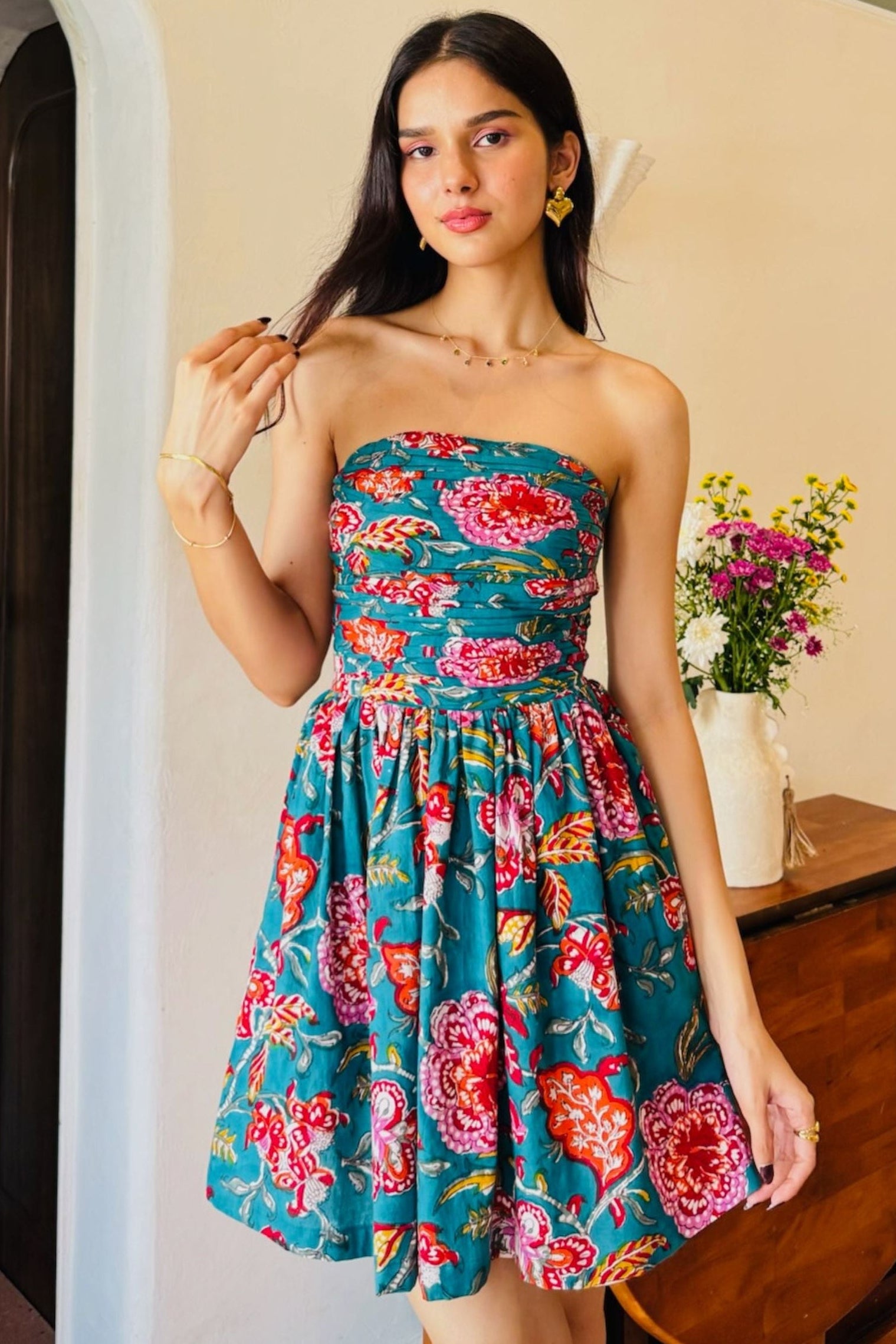 Dark Green Floral Print Tube Dress with One Side Pocket LF-Collection