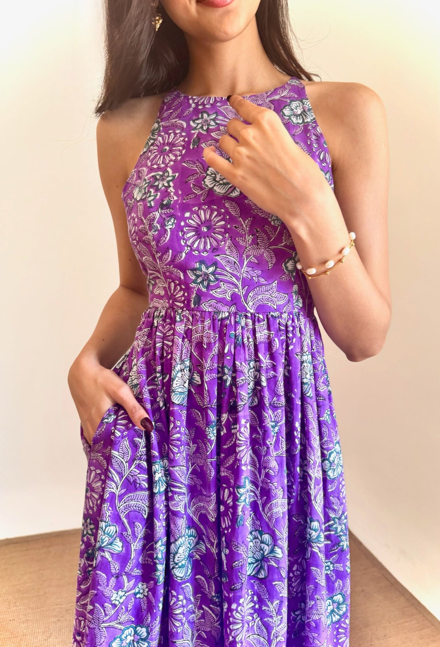 Purple Floral Hand Block Printed Cotton Dress with One Side Pocket