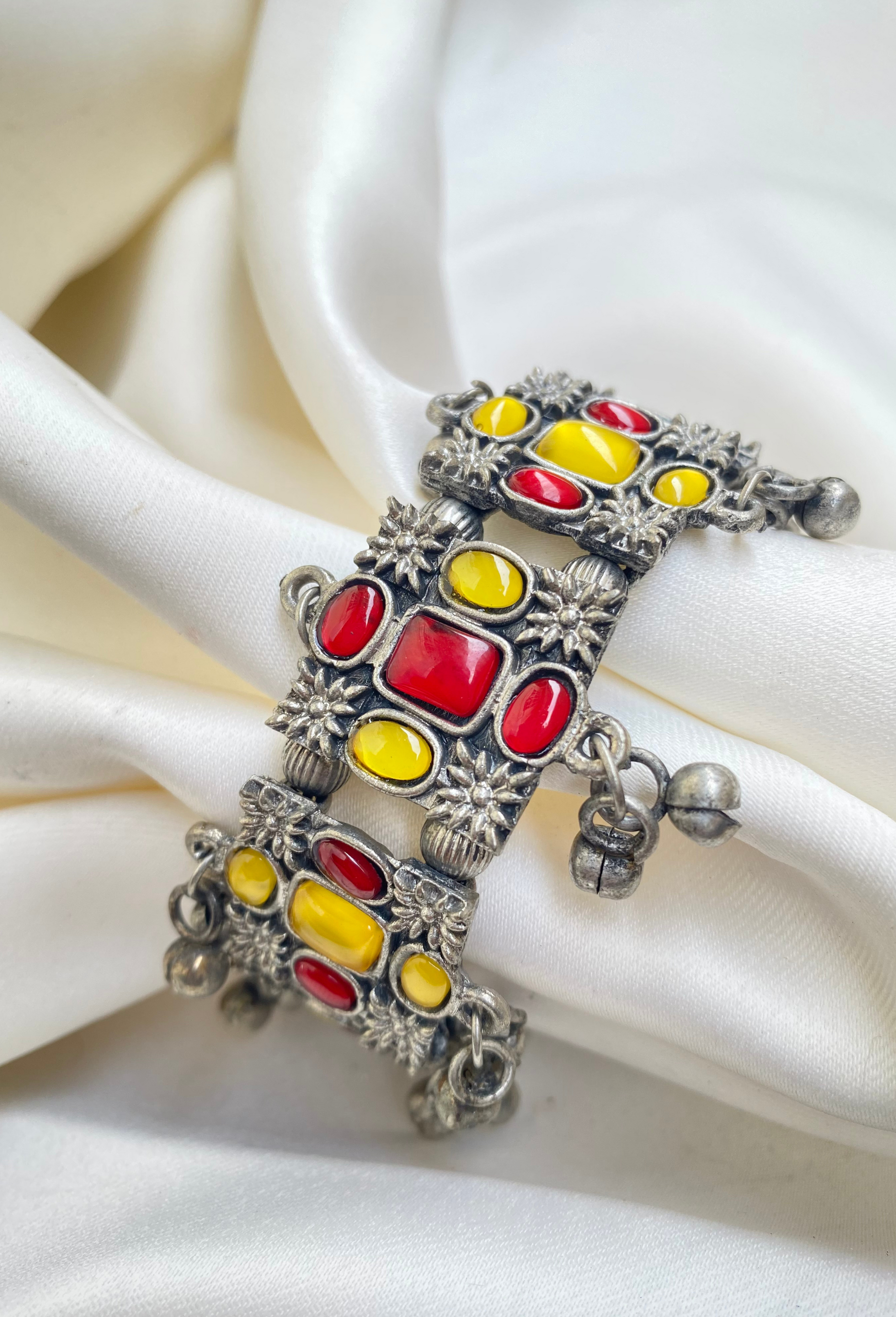 Adjustable Red and Yellow Oxidised Kada Bracelet