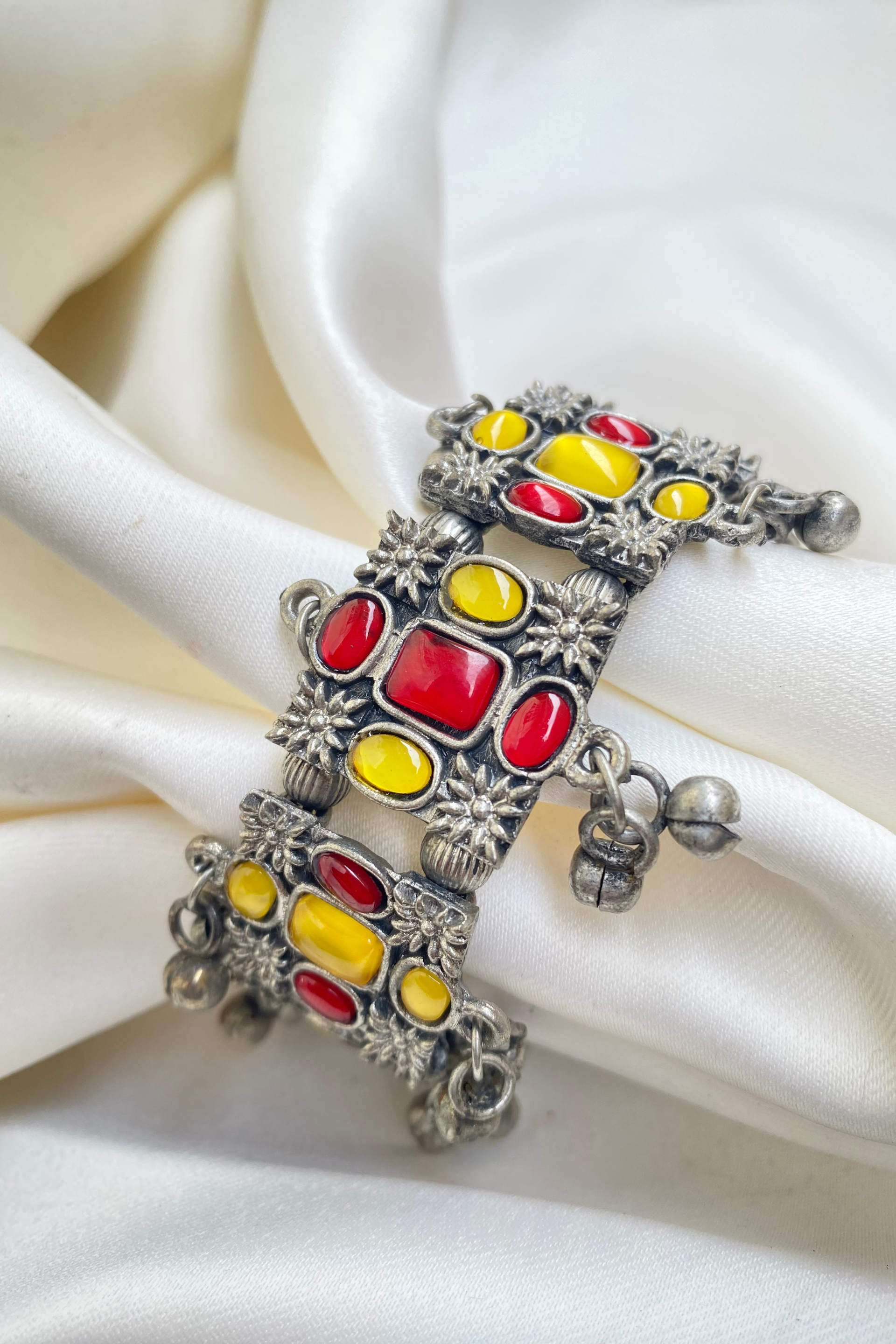 Adjustable Red and Yellow Oxidised Kada Bracelet