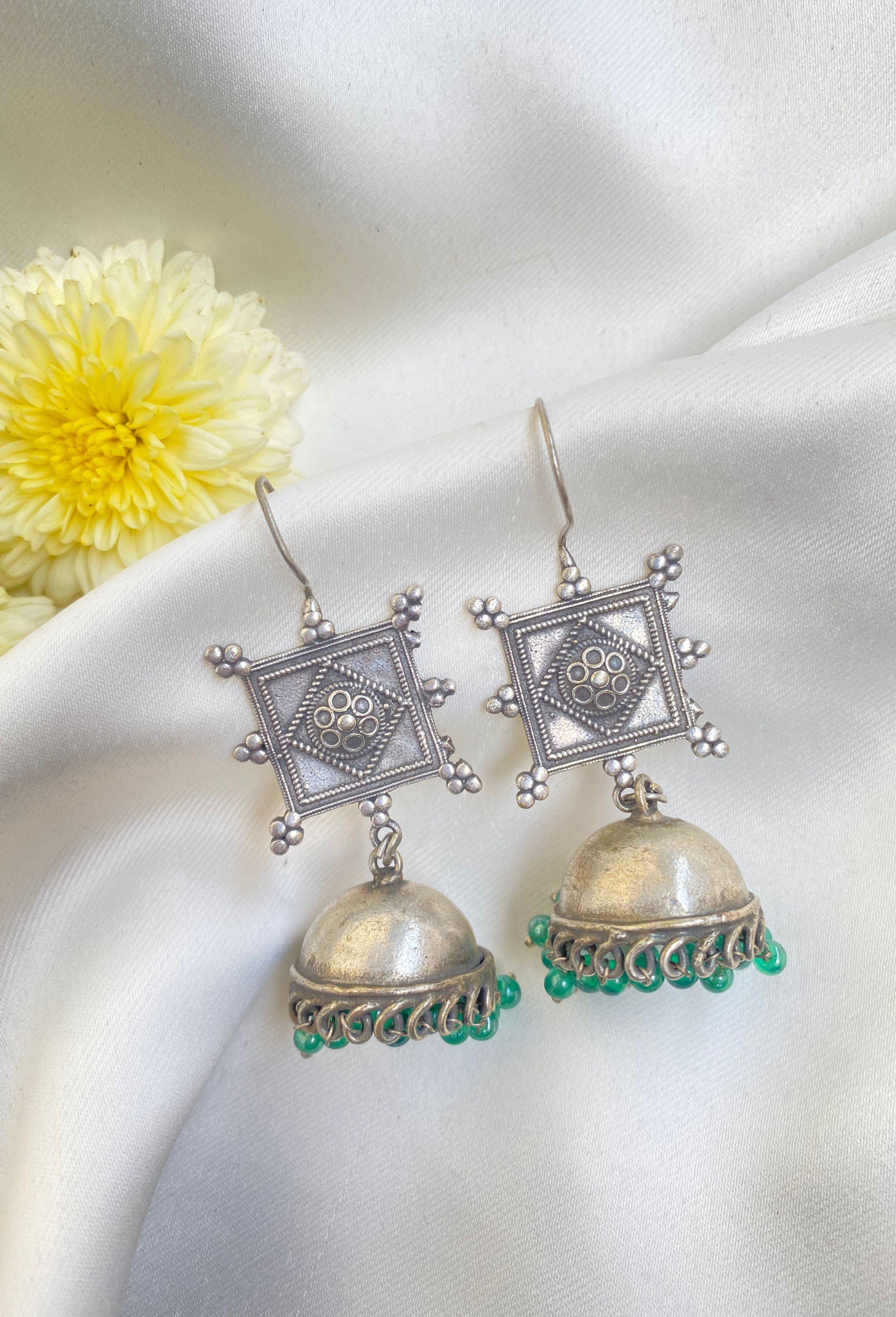 Silver Oxidised Earrings with Green Pearls