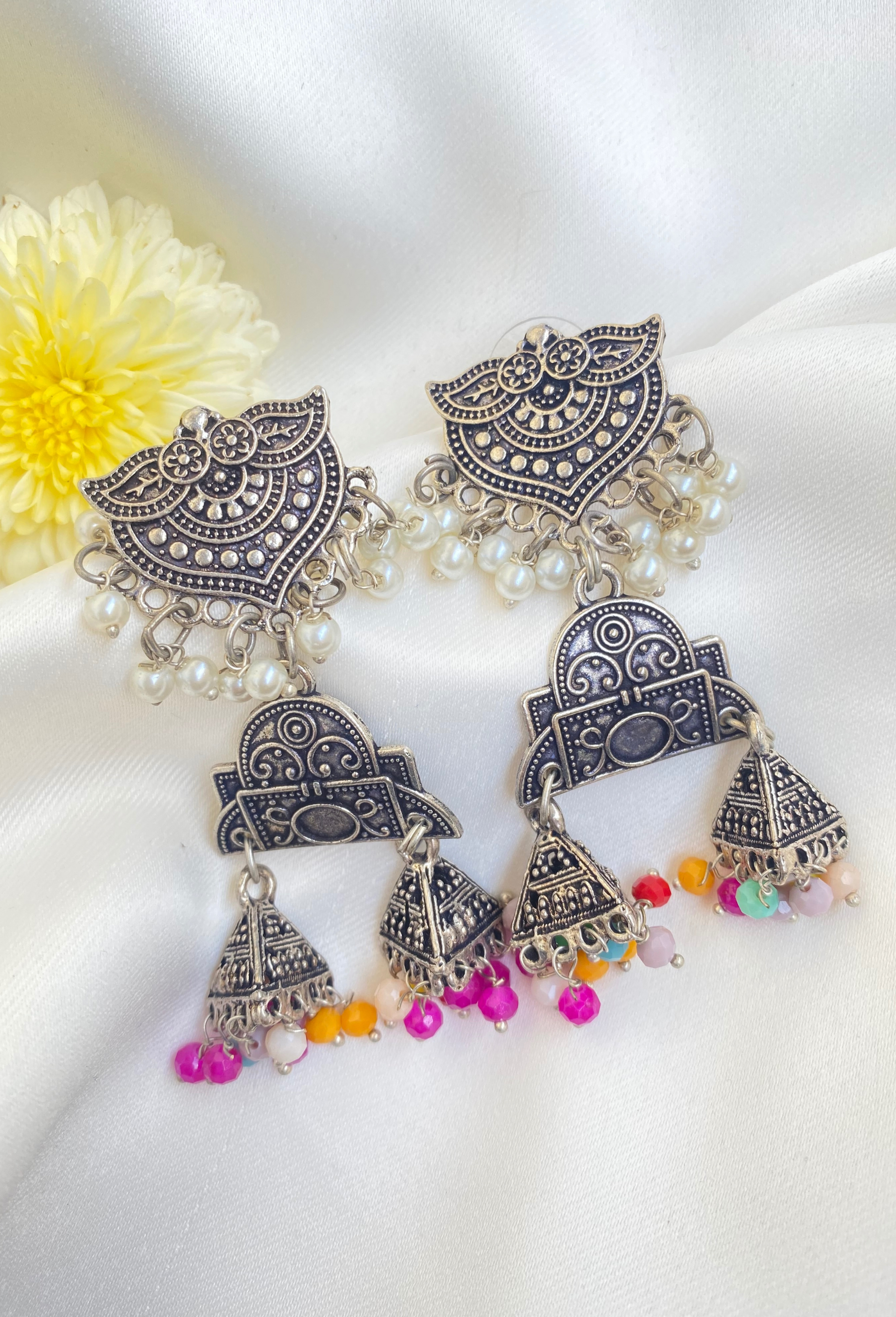 Oxidized Silver Earrings with Multicolour Beads