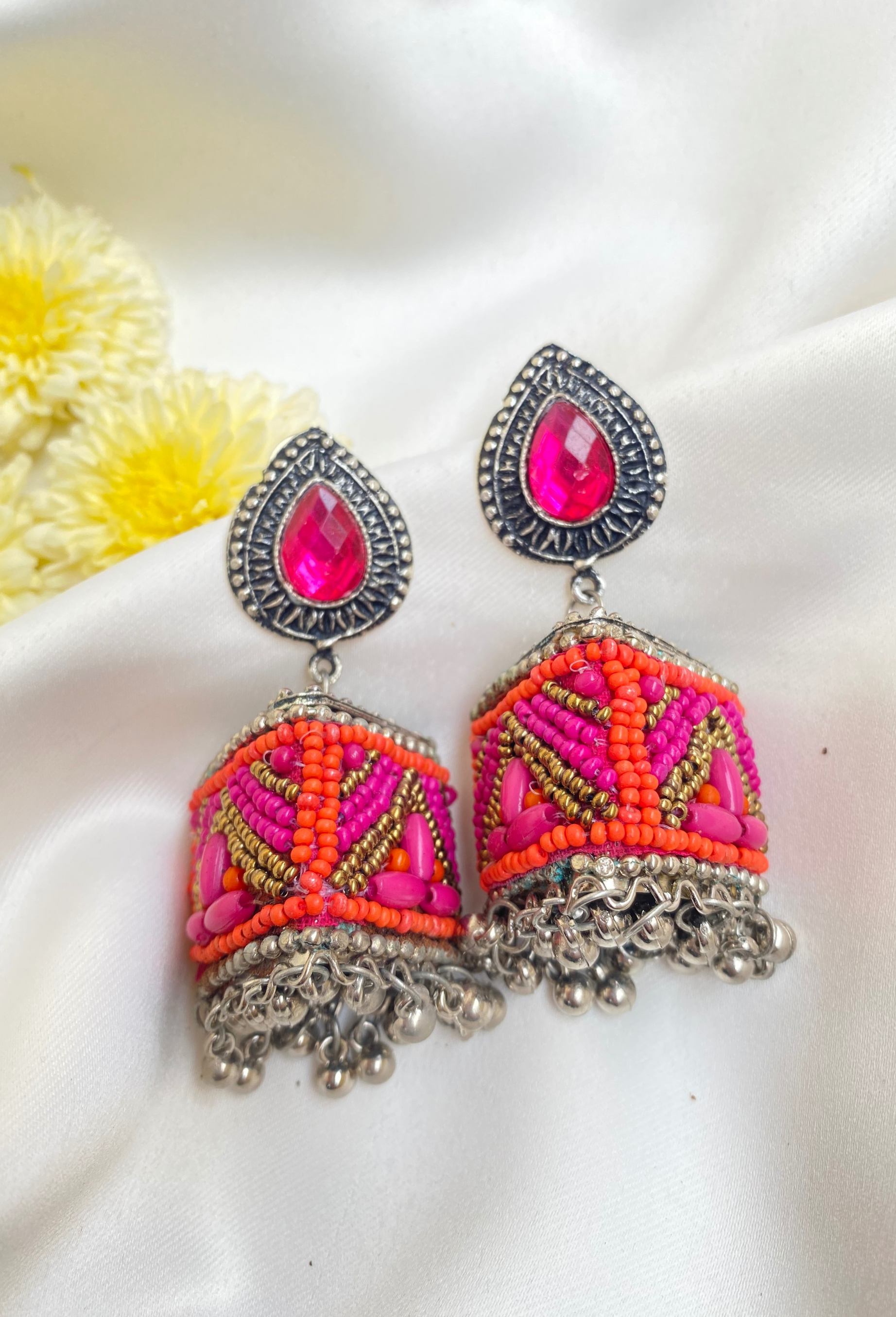 Orange & Pink Beaded Earrings with Ghungroo