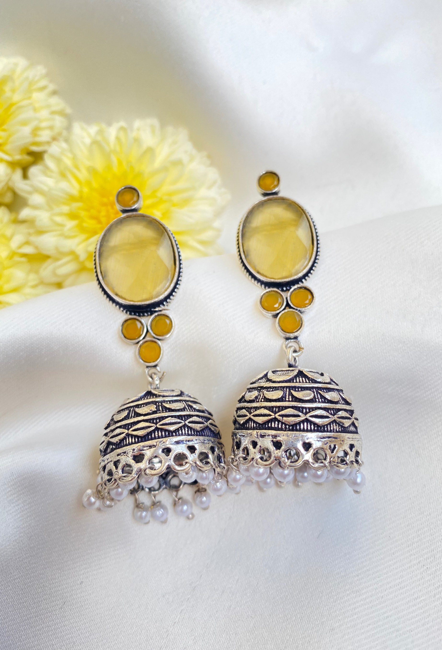 Lime Yellow Jhumka with White Pearls