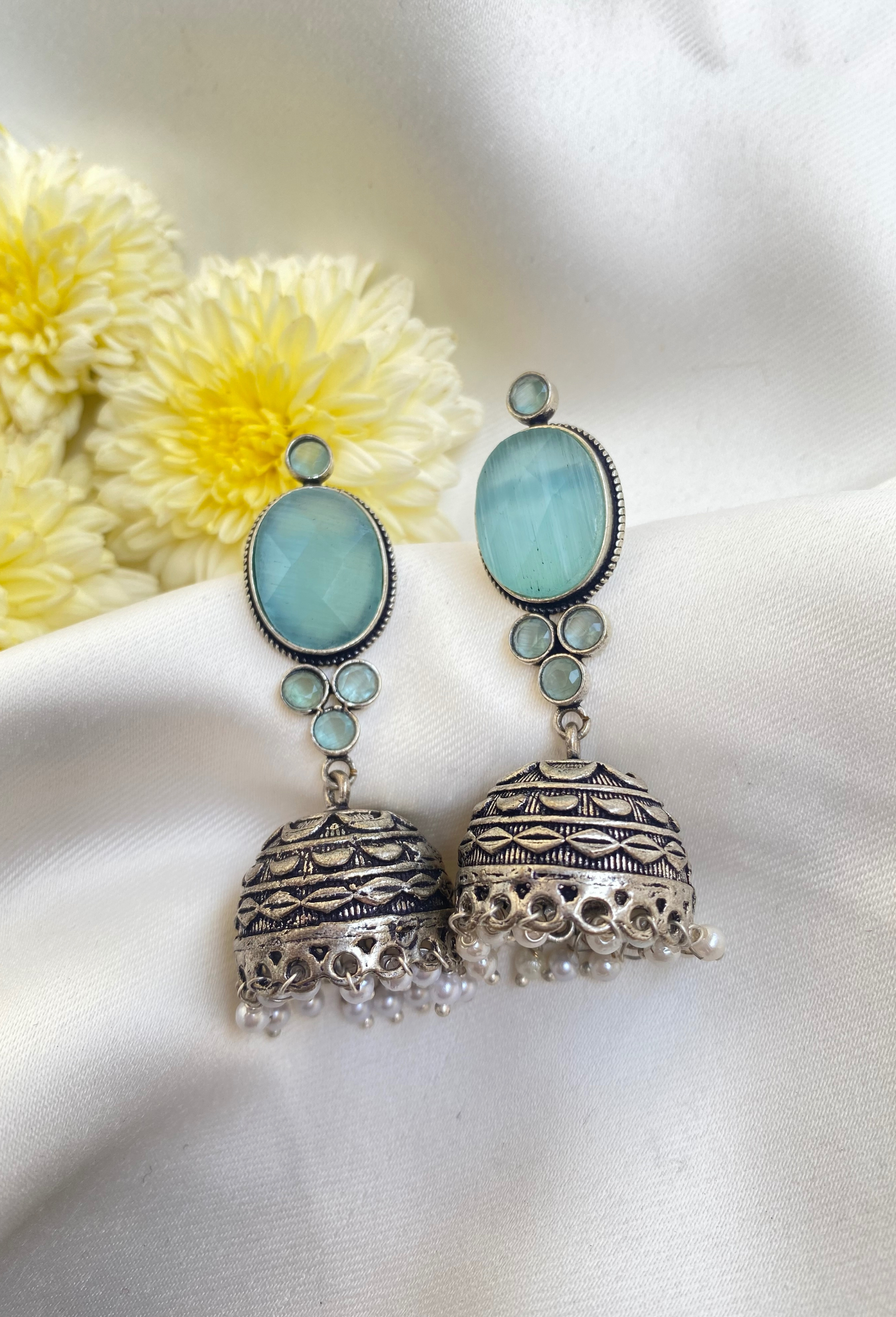 Blue Stone Jhumka with White Pearls