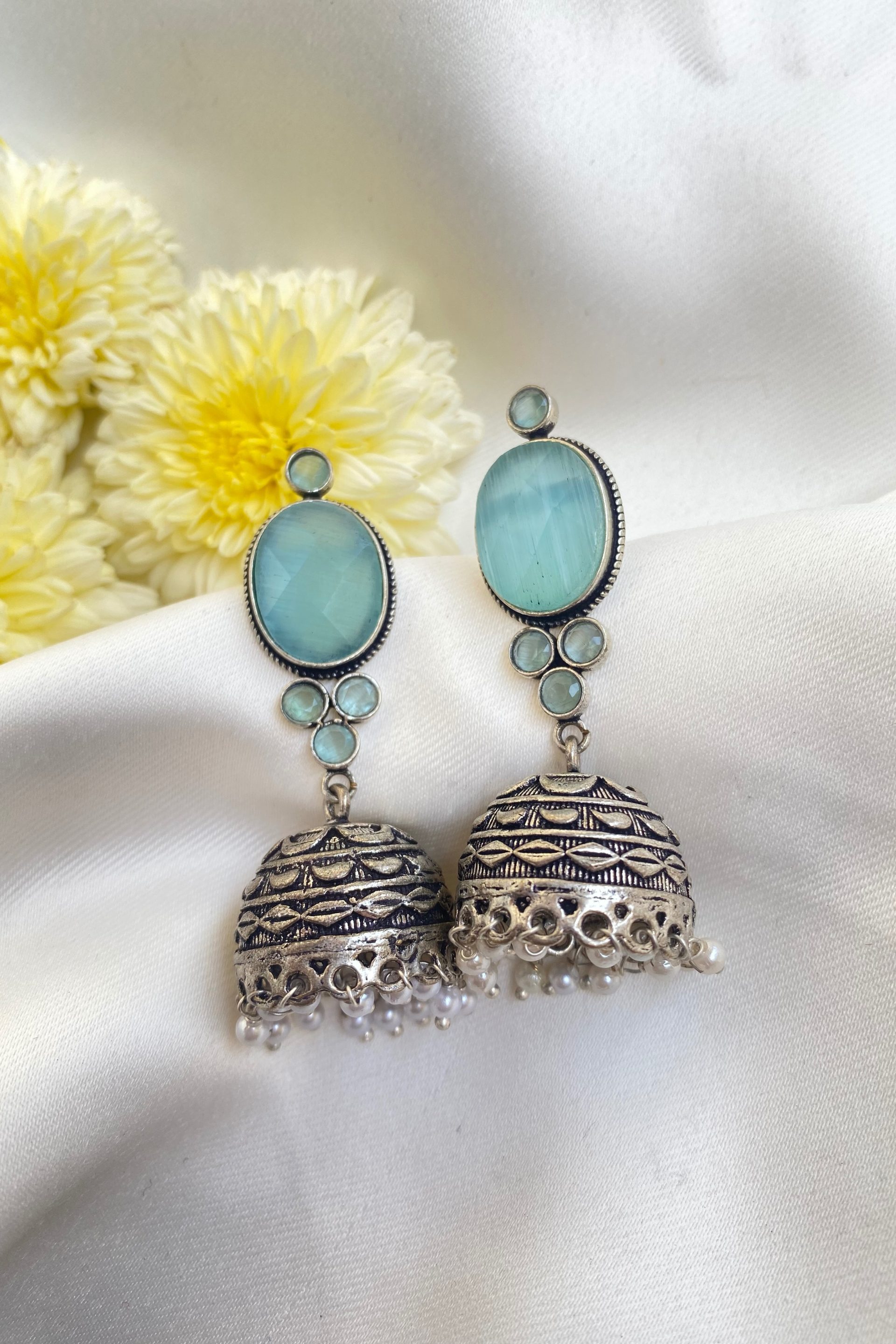 Blue Stone Jhumka with White Pearls