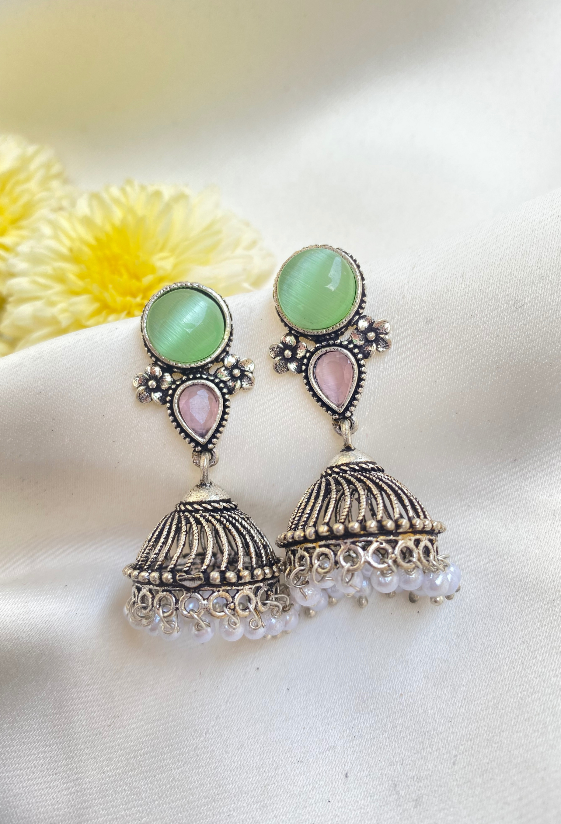 Oxidised Jhumkas with Green & Pink Stone