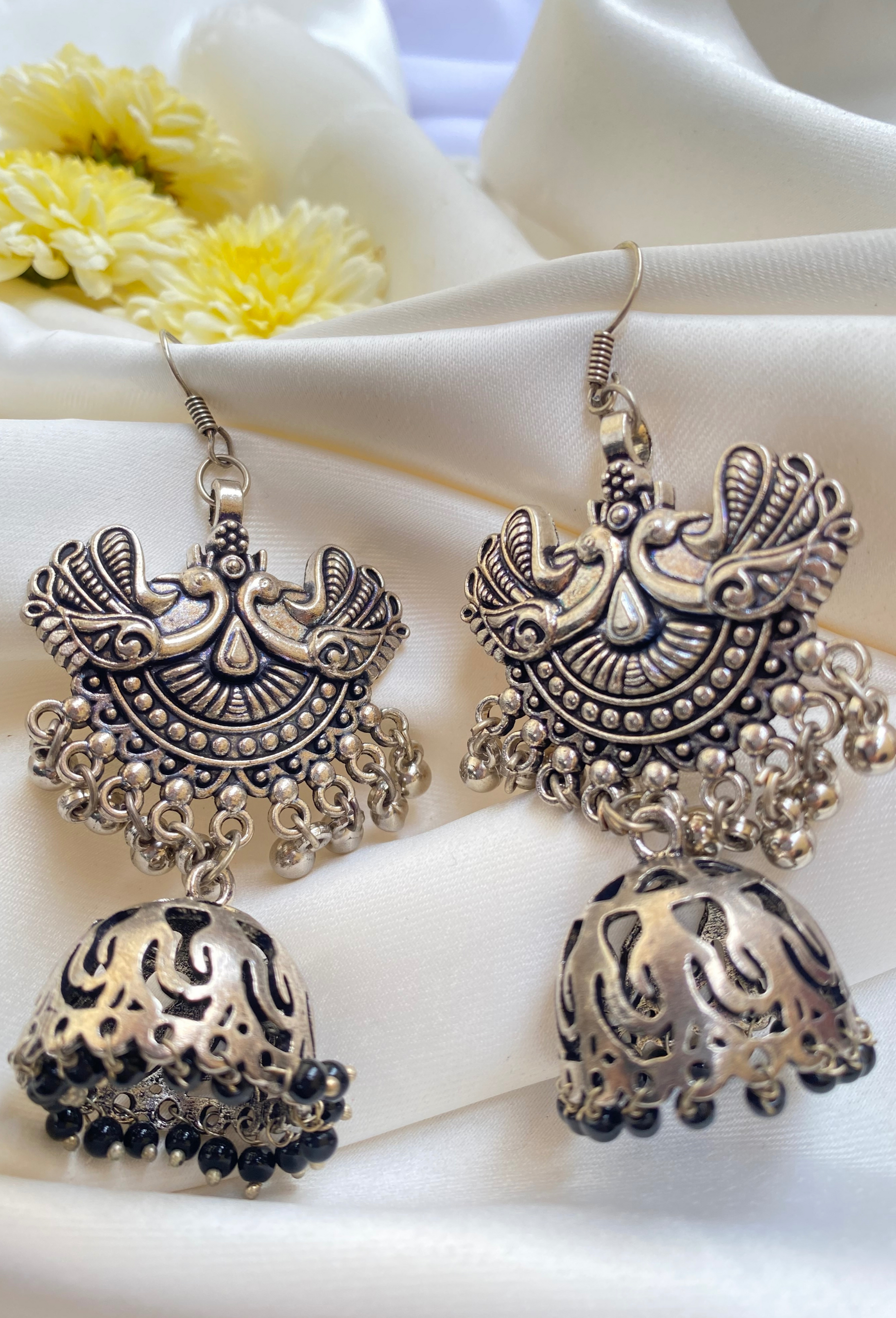 Oxidised Peacock Design Jhumkas