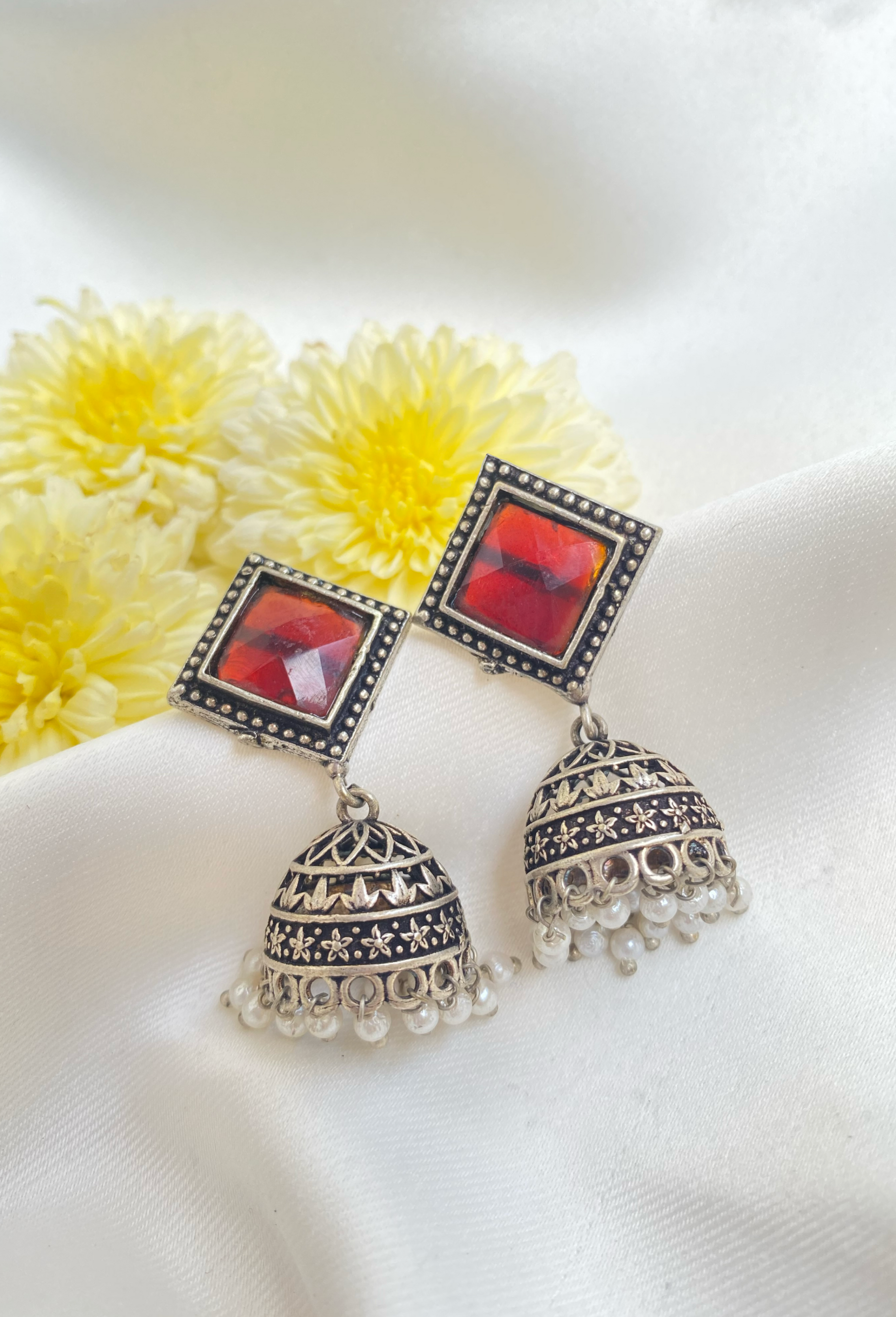 Red Diamond Shaped Oxidised Earrings